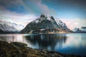 nature, Landscape, Fjord, Mountain, Snowy Peak, Clouds, Norway, Spring, Arctic, Blue, Water, Sea, Lake