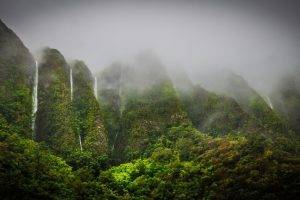 nature, Landscape, Oahu, Hawaii, Tropical Forest, Mist, Waterfall, Mountain