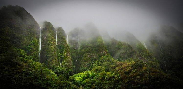 nature, Landscape, Oahu, Hawaii, Tropical Forest, Mist, Waterfall, Mountain HD Wallpaper Desktop Background