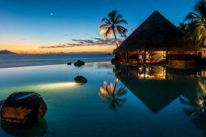 nature, Landscape, French Polynesia, Swimming Pool, Resort, Sunset, Palm Trees, Bar, Lights, Sea, Beach, Reflection, Blue, Moon, Water