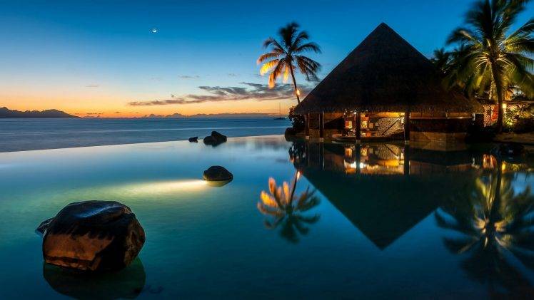 nature, Landscape, French Polynesia, Swimming Pool, Resort, Sunset, Palm Trees, Bar, Lights, Sea, Beach, Reflection, Blue, Moon, Water HD Wallpaper Desktop Background