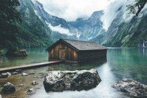 nature, Landscape, Lake, Boathouses, Germany, Mountain, Forest, Clouds