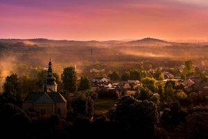 nature, Landscape, Town, Poland, Mist, Sunset, Pink, Sky, Trees, Hill, Architecture