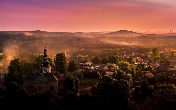 nature, Landscape, Town, Poland, Mist, Sunset, Pink, Sky, Trees, Hill, Architecture HD Wallpaper Desktop Background