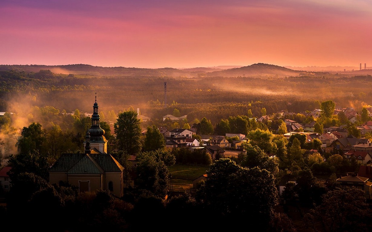 nature, Landscape, Town, Poland, Mist, Sunset, Pink, Sky, Trees, Hill, Architecture Wallpaper