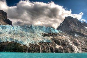 nature, Landscape, Glaciers, Mountain, Clouds, Sea, Waterfall, Island, HDR