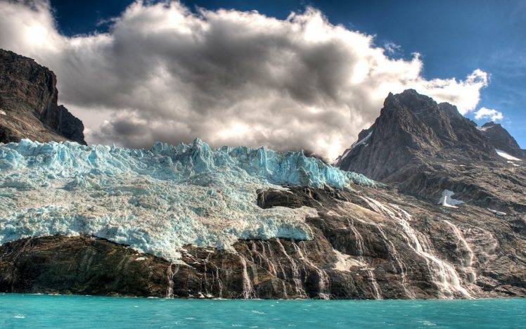 nature, Landscape, Glaciers, Mountain, Clouds, Sea, Waterfall, Island, HDR HD Wallpaper Desktop Background