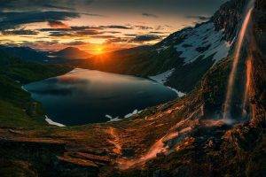 nature, Landscape, Sunset, Lake, Waterfall, Mountain, Sky, Clouds, Grass, Snow