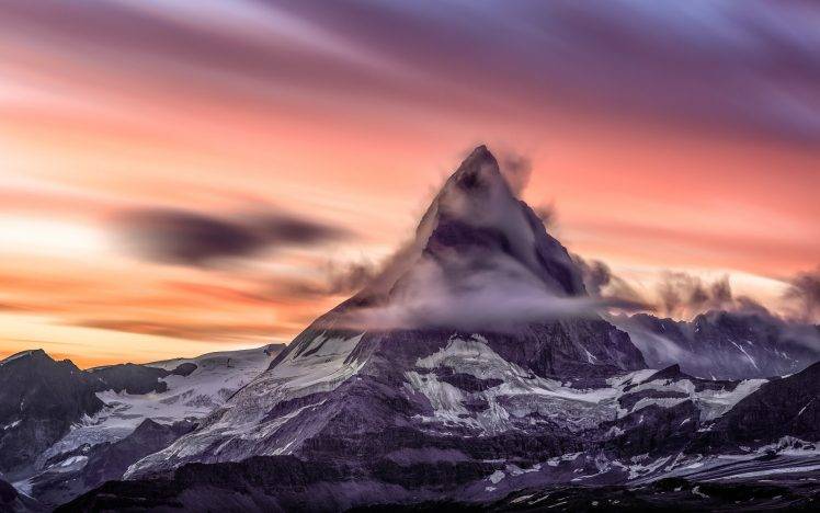 nature, Mountain, Sunset, Landscape, Clouds, Long Exposure, Matterhorn, Switzerland, Alps HD Wallpaper Desktop Background
