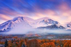 nature, Landscape, Mountain, Mist, Snowy Peak, Trees, Forest, Clouds, Fall, Snow, Sunset, Long Exposure, Pine Trees