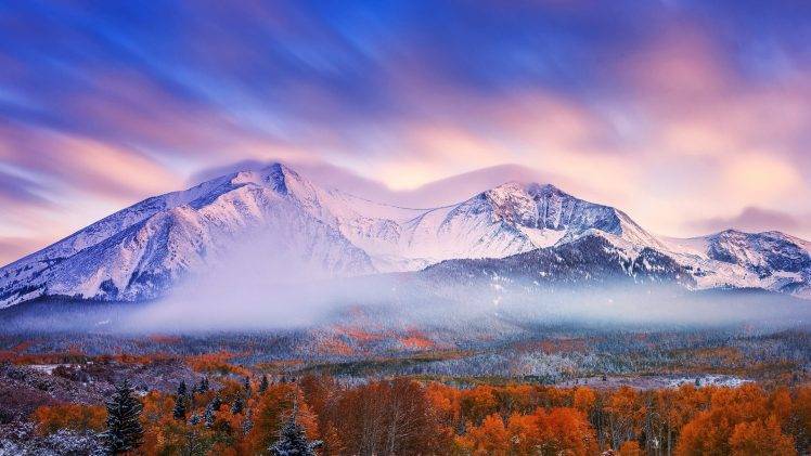 nature, Landscape, Mountain, Mist, Snowy Peak, Trees, Forest, Clouds, Fall, Snow, Sunset, Long Exposure, Pine Trees HD Wallpaper Desktop Background