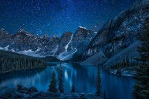 Canada, Nature, Lake, Mountain, Trees, Forest, Stars, Landscape, Reflection, Snow