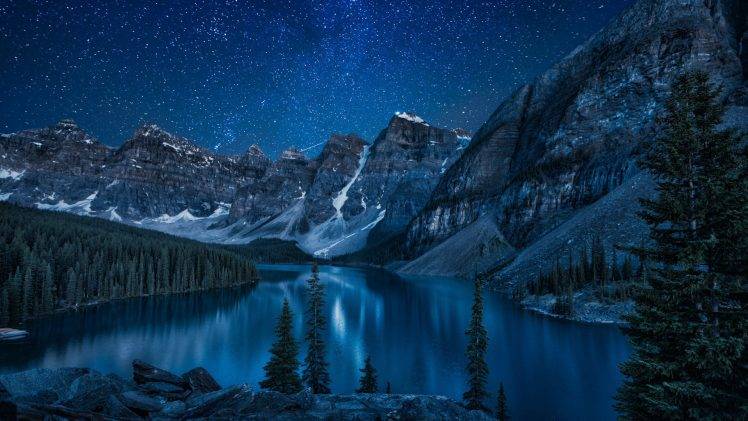 Canada, Nature, Lake, Mountain, Trees, Forest, Stars, Landscape, Reflection, Snow HD Wallpaper Desktop Background