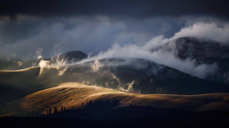 landscape, Nature, Morning, Sunlight, Mist, Mountain, Forest, Romania, Clouds HD Wallpaper Desktop Background