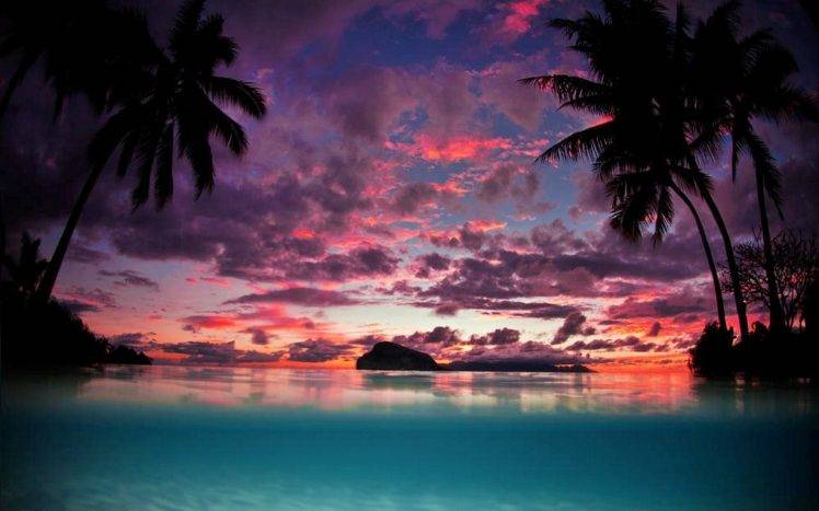 landscape, Nature, Tahiti, Sunset, Palm Trees, Island, Beach, Sea, Tropical, Sky, Clouds, Turquoise, Water HD Wallpaper Desktop Background