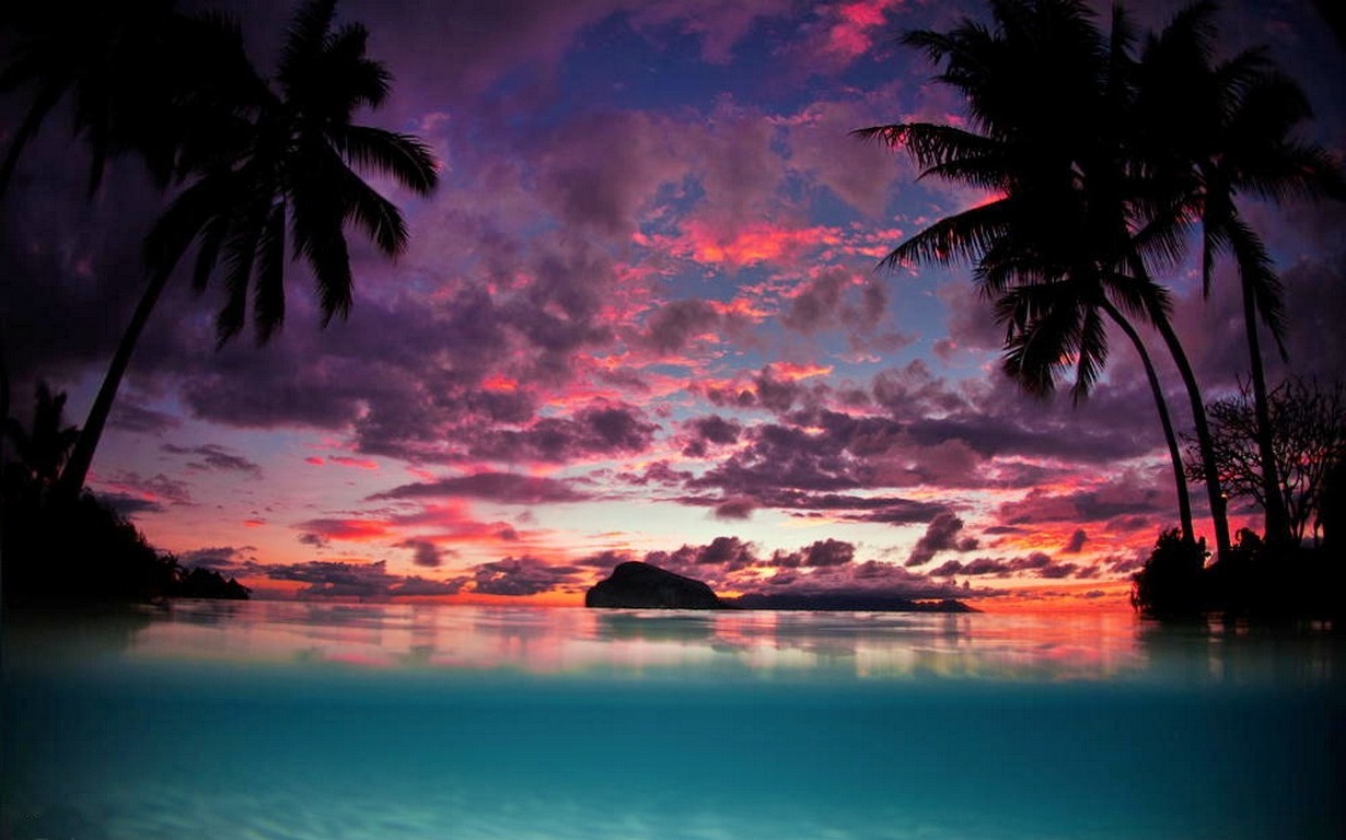 landscape, Nature, Tahiti, Sunset, Palm Trees, Island, Beach, Sea, Tropical, Sky, Clouds, Turquoise, Water Wallpaper