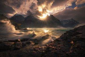 landscape, Nature, Sunset, Mountain, Wind, Lake, Torres Del Paine, Chile, Sky, Clouds, Snowy Peak