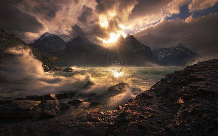 landscape, Nature, Sunset, Mountain, Wind, Lake, Torres Del Paine, Chile, Sky, Clouds, Snowy Peak HD Wallpaper Desktop Background