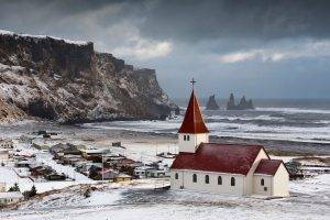 landscape, Church, Cliff, Sea, Snow, Winter, Iceland, Vik