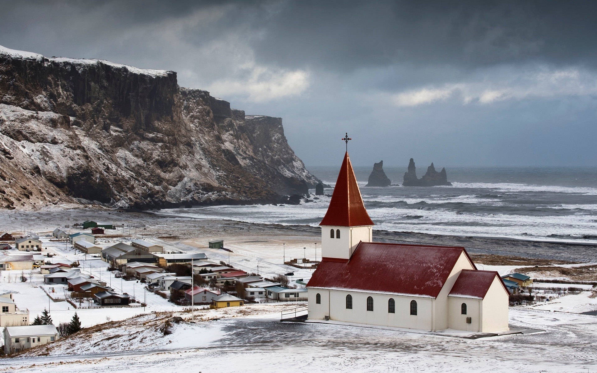 landscape, Church, Cliff, Sea, Snow, Winter, Iceland, Vik Wallpaper