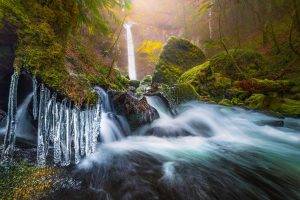 nature, Landscape, Waterfall, Morning, Cold, River, Frost, Moss, Ice, Oregon, Long Exposure, Trees