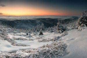 nature, Landscape, Panoramas, Winter, Sunrise, Snow, Trees, Clouds, Hill, Valley