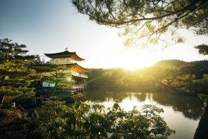 landscape, Nature, Sunrise, Park, Kyoto, Trees, Lake, Pagoda, Japan