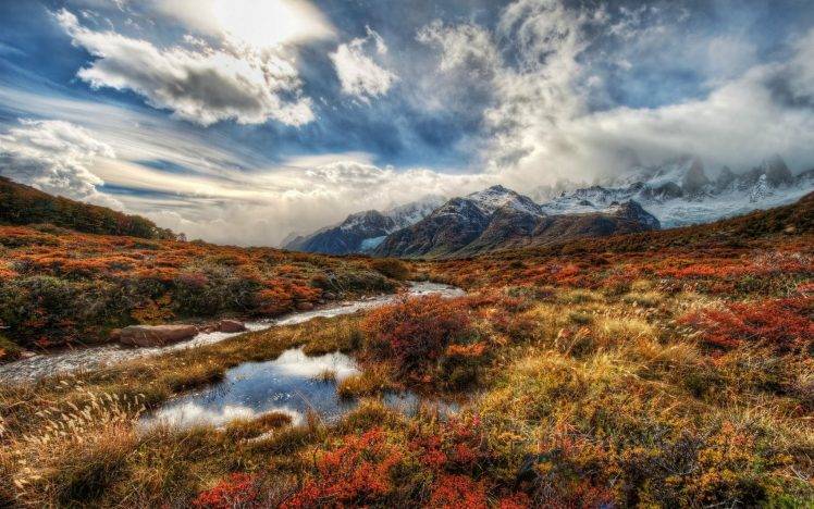 nature, Landscape, Fall, River, Shrubs, Mountain, Clouds, Snowy Peak, Sky, Argentina HD Wallpaper Desktop Background
