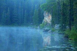 landscape, Nature, Lake, Blue, Mist, Forest, Morning, Jasper National Park, Canada