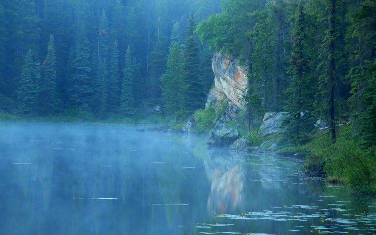 landscape, Nature, Lake, Blue, Mist, Forest, Morning, Jasper National Park, Canada HD Wallpaper Desktop Background