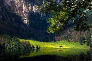 landscape, Nature, Lake, Mountain, Forest, Trees, Grass, Germany, Cabin, Reflection, Waterfall