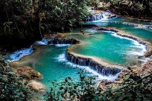 landscape, Nature, Waterfall, Pond, Foliage, Shrubs, Terraces, Laos