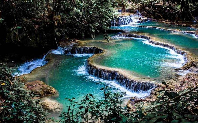 landscape, Nature, Waterfall, Pond, Foliage, Shrubs, Terraces, Laos HD Wallpaper Desktop Background