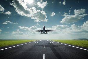 nature, Landscape, Road, Lines, Clouds, Airplane, Runway, Aircraft, Sunlight, Shadow, Field, Grass, Hill, Flying, Wheels
