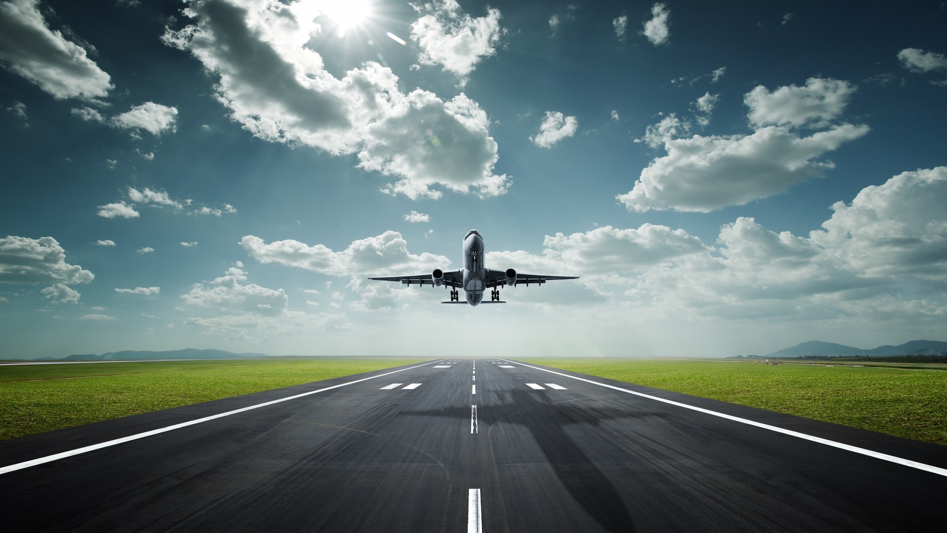 nature, Landscape, Road, Lines, Clouds, Airplane, Runway, Aircraft, Sunlight, Shadow, Field, Grass, Hill, Flying, Wheels Wallpaper