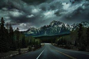 nature, Landscape, Road, Lines, Clouds, Canada, Mountain, Trees, Forest, Pine Trees, Snowy Peak, Hill, Dark, Road Sign
