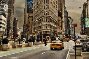 city, Cityscape, Architecture, Road, Building, Skyscraper, Clouds, New York City, Taxi, Car, Street, USA, Manhattan, Flatiron Building, People, Billboards, Traffic Lights