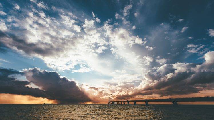 landscape, Denmark, Clouds, The Great Belt Bridge, Sea HD Wallpaper Desktop Background