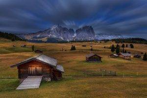 nature, Landscape, Cabin, Mountain, Dolomites (mountains), Italy, Grass, Trees, Long Exposure, Clouds, Fence