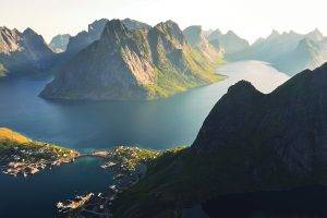 nature, Landscape, Reine, Lofoten Islands, Norway, Morning, Sunlight, Mountain, Sea, Town