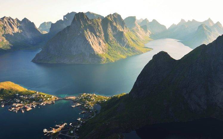 nature, Landscape, Reine, Lofoten Islands, Norway, Morning, Sunlight, Mountain, Sea, Town HD Wallpaper Desktop Background