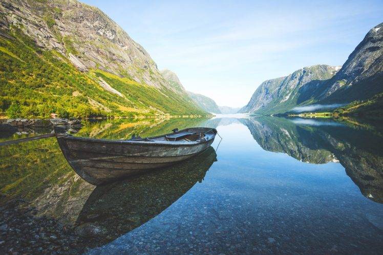 nature, Landscape, Fjord, Mountain, Boat, Reflection, Grass, Summer, Shrubs, Norway, Calm, Mist HD Wallpaper Desktop Background