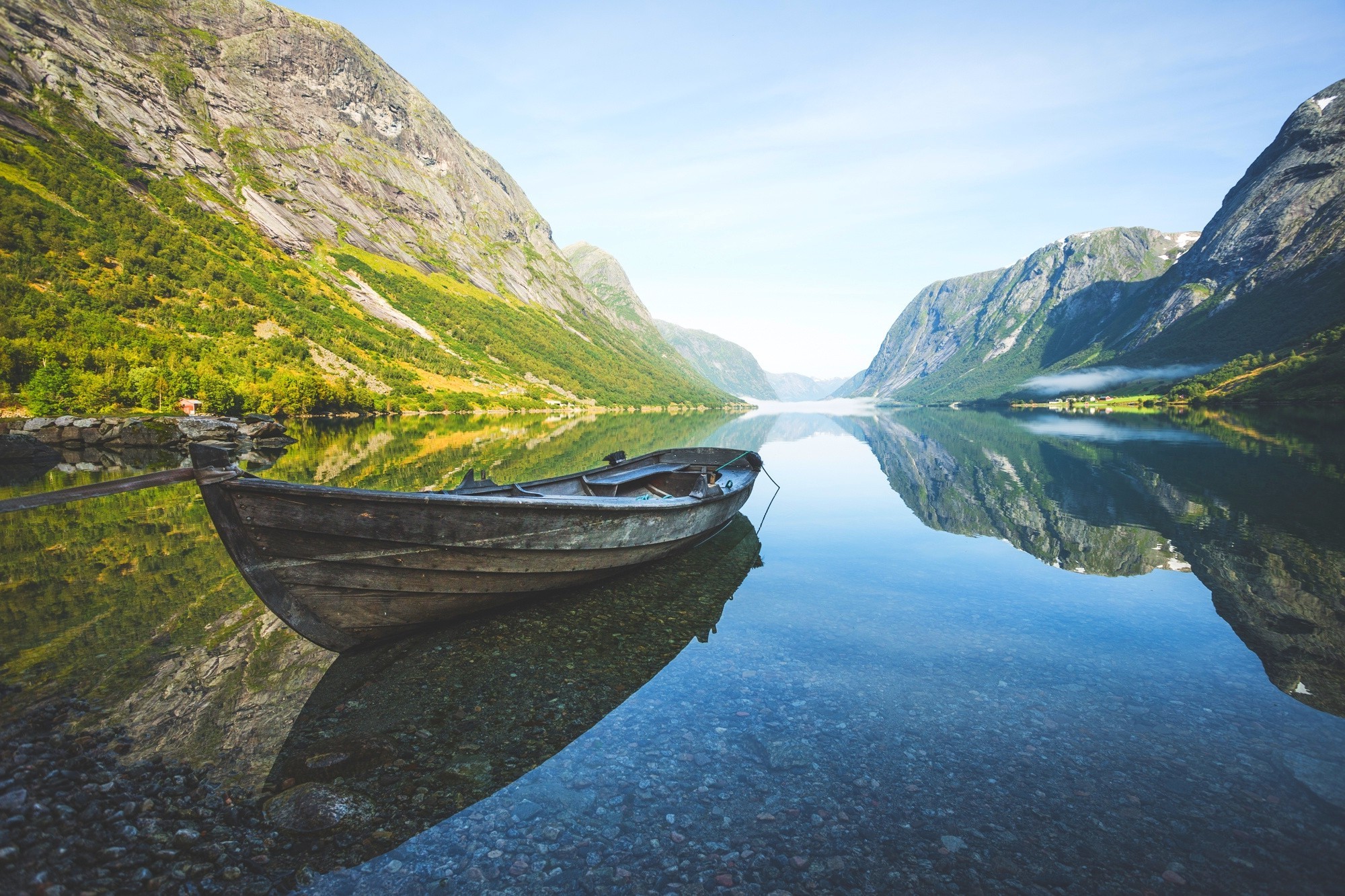 nature, Landscape, Fjord, Mountain, Boat, Reflection, Grass, Summer, Shrubs, Norway, Calm, Mist Wallpaper