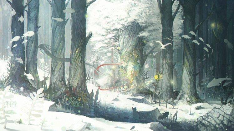 winter, Snow, Forest, Trees, Fish, Birds, Animals HD Wallpaper Desktop Background
