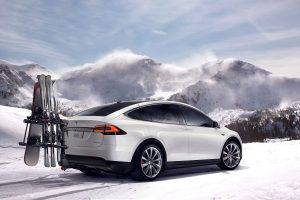 Tesla Model X, Car, Snow, Snowboards, Skis, Mountain