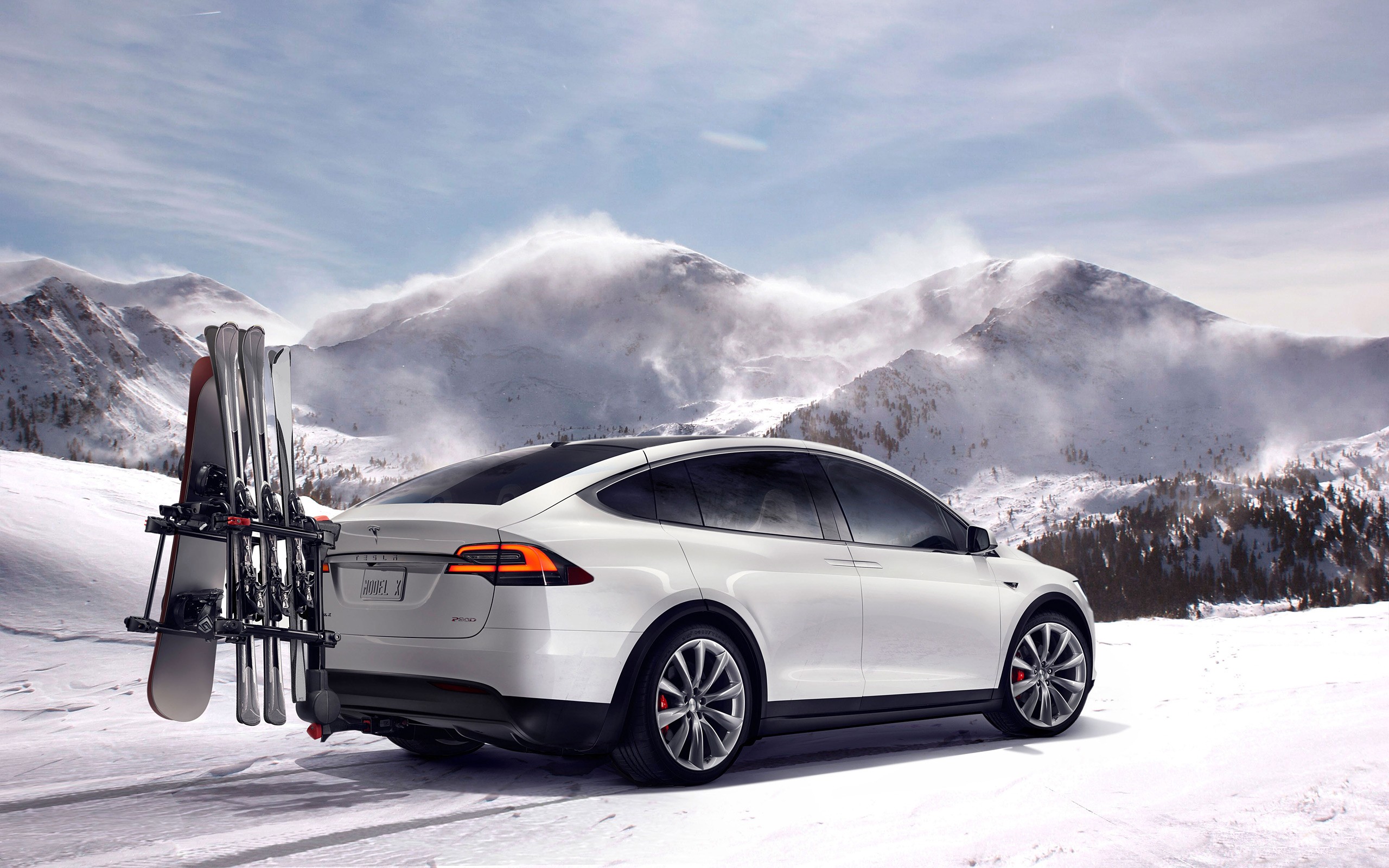 Tesla Model X, Car, Snow, Snowboards, Skis, Mountain Wallpaper