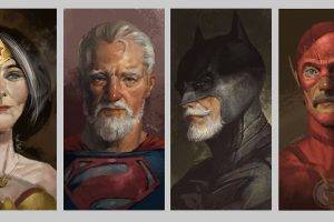 artwork, Superhero, Batman, Superman, Wonder Woman, The Flash, Flash, Old, Old People
