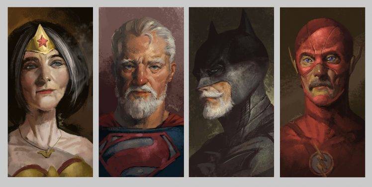 artwork, Superhero, Batman, Superman, Wonder Woman, The Flash, Flash, Old, Old People HD Wallpaper Desktop Background