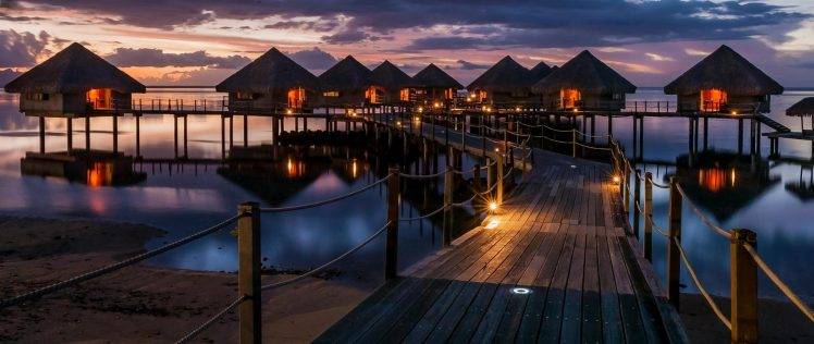 nature, Landscape, Sunset, Resort, Walkway, Lights, Sea, Tropical, French Polynesia, Sky, Beach, Clouds, Bungalow, Architecture, Reflection HD Wallpaper Desktop Background