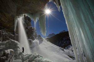 nature, Landscape, Waterfall, Moonlight, Starry Night, Banff National Park, Ice, Winter, Cave, Forest, Mountain